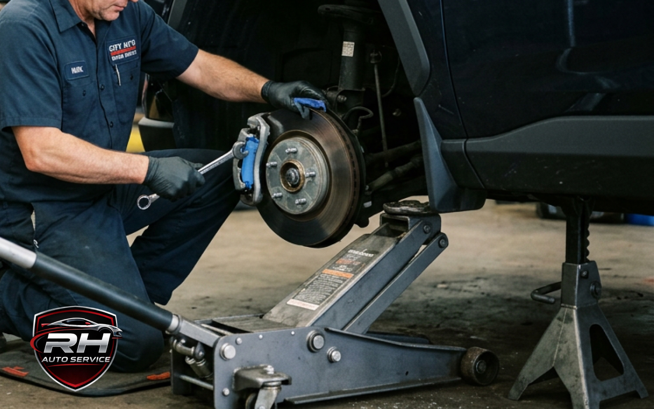 Mechanic inspecting a car tire